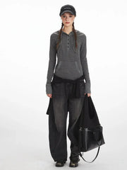 Y2K Grunge Striped Hooded Henley Top - TEVQA