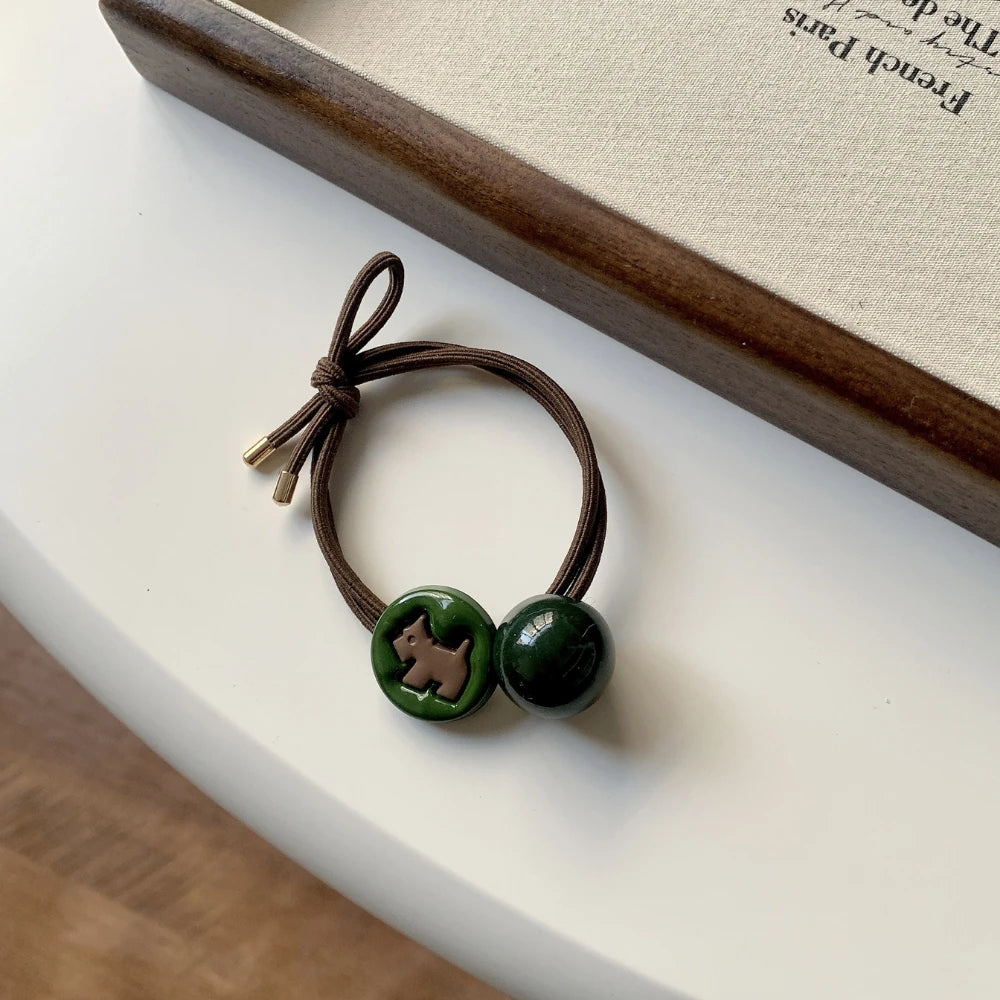 Double-Strand Beaded Hair Tie - Retro Green Acrylic Charms