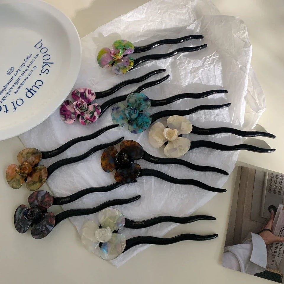 Acetate Flower French Hair Pin - 5.2" Wavy Chignon Pin - TEVQA Secondary image