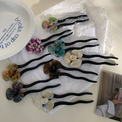 Acetate Flower French Hair Pin - 5.2" Wavy Chignon Pin