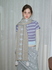 Wool Blend Fair Isle Knitted Scarf Beige Geometric Pattern with Corner Tassels