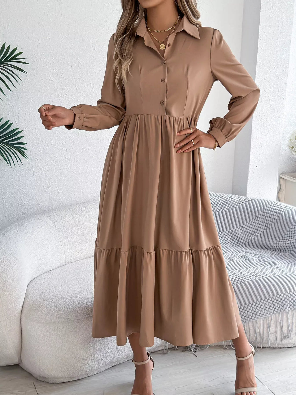 Navy Blue Ruffled Tiered Shirt Dress - View 26 | TEVQA