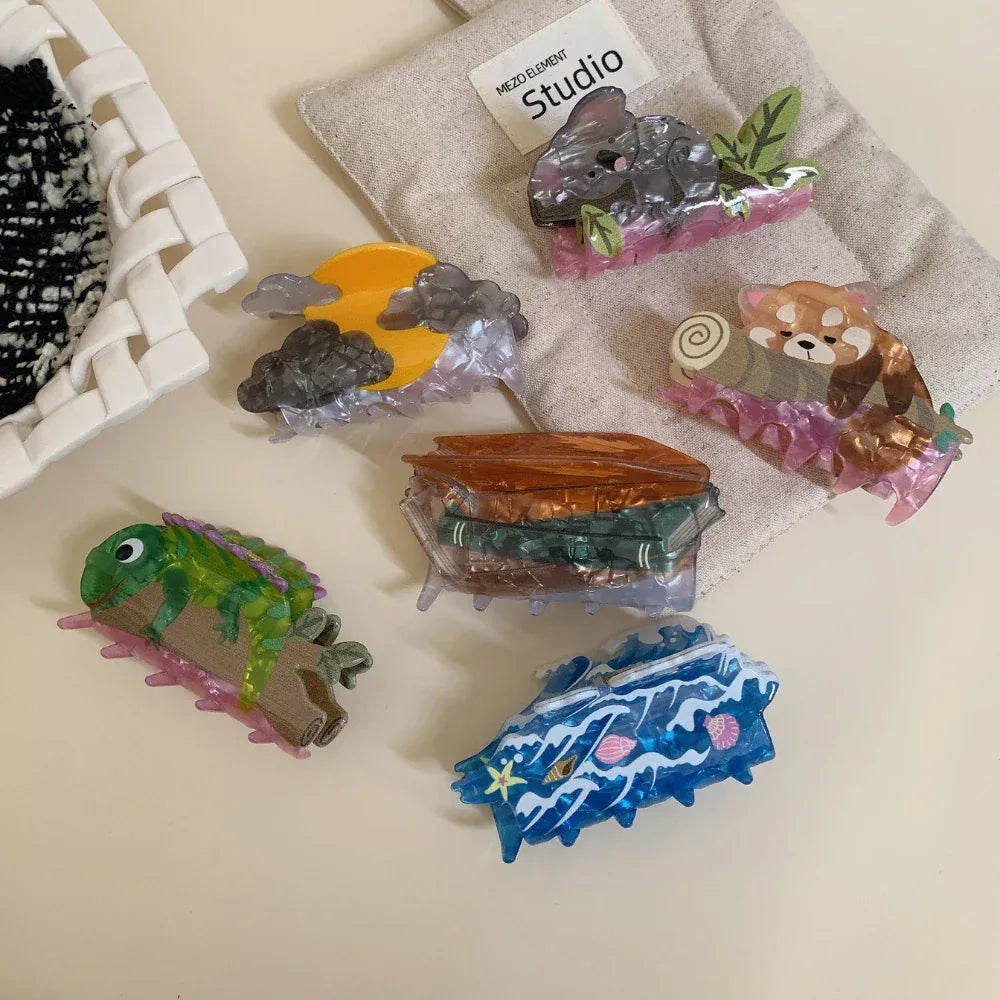 Whimsical Nature Acetate Hair Claw Clip - 3.4 Inch Artistic Animal & Scenery Clips - TEVQA