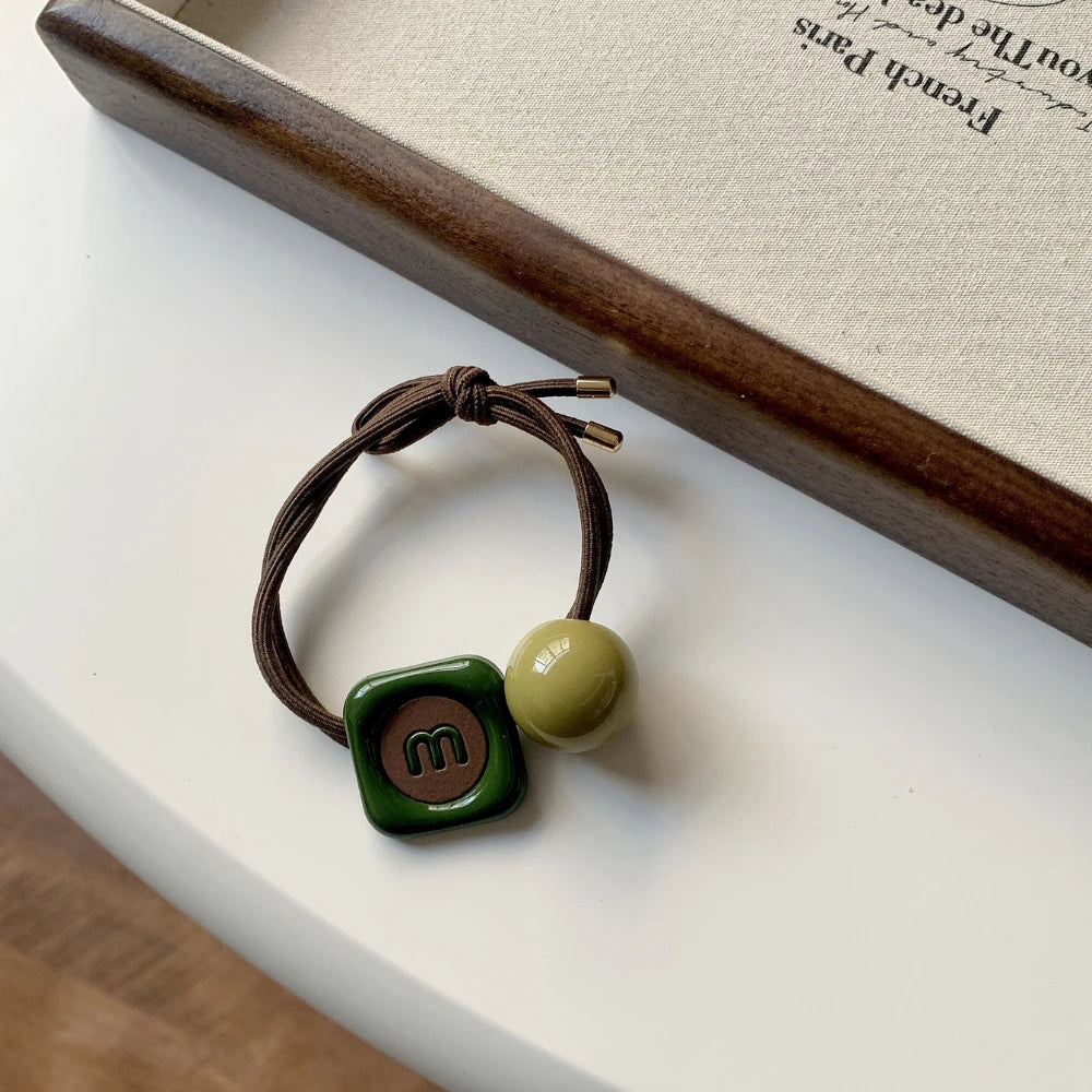 Double-Strand Beaded Hair Tie - Retro Green Acrylic Charms