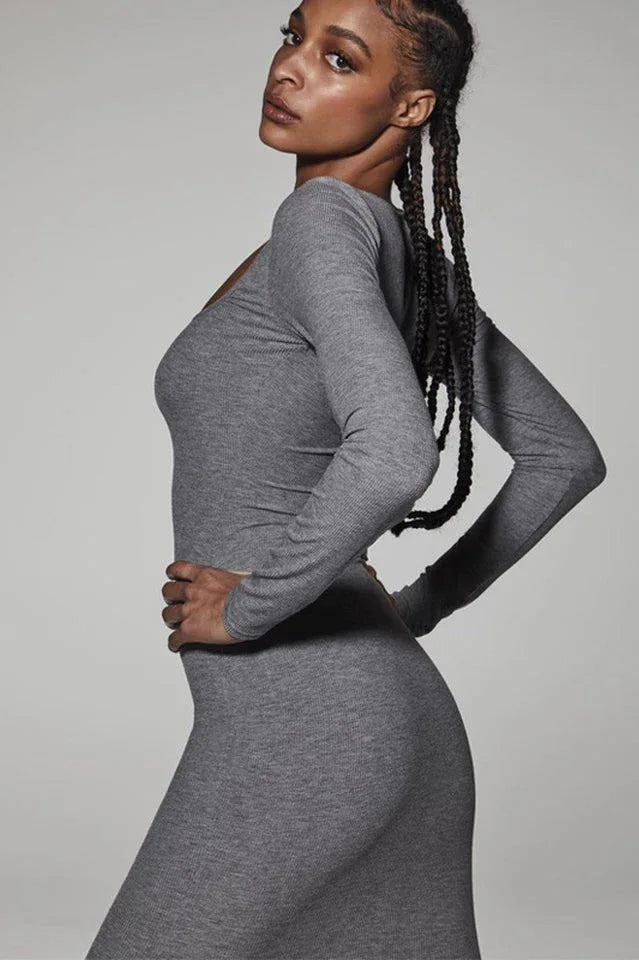 Ribbed long sleeve square neck maxi dress - View 6 | TEVQA