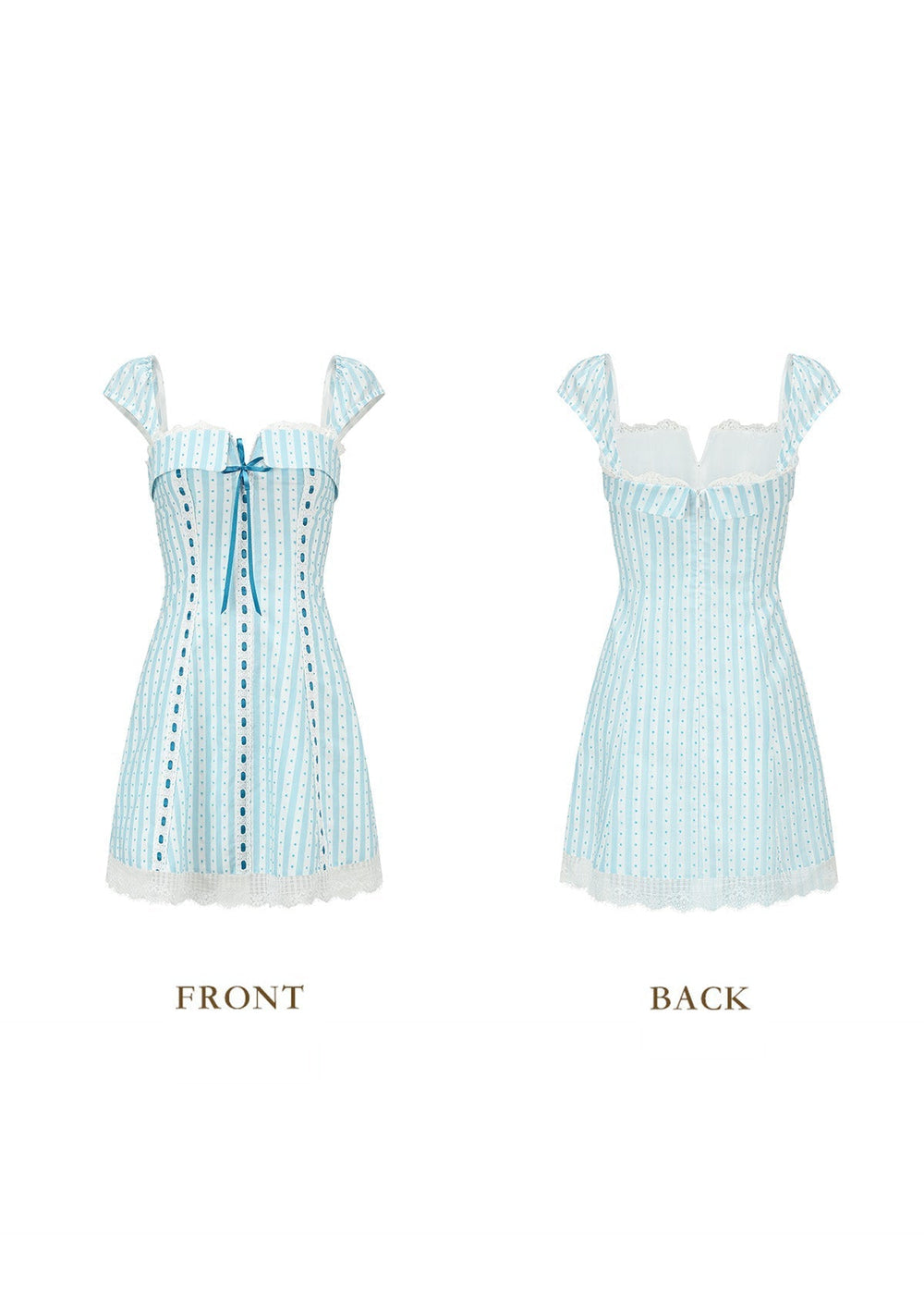 Front view of a light blue and white striped mini dress with a corset bodice and ribbon detail