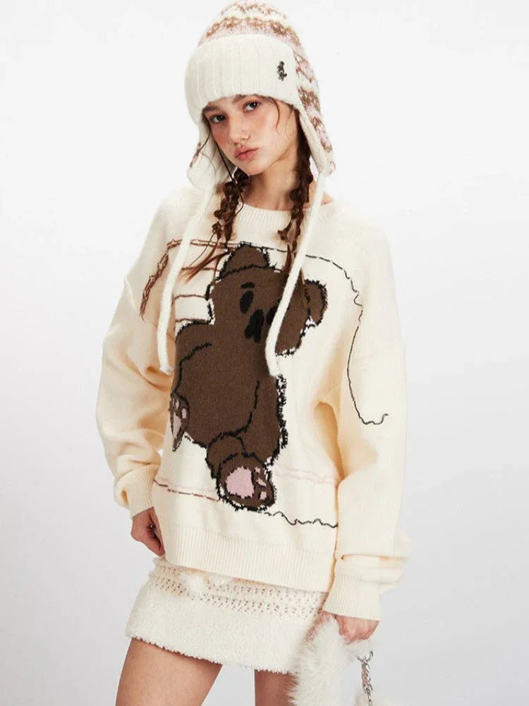 Vintage Cream Sketchy Bear Knit Sweater - TEVQA