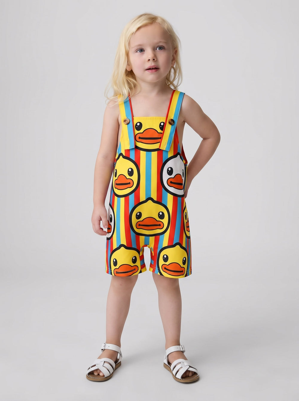 Child posing in a duck print shortall with a hand on hip.