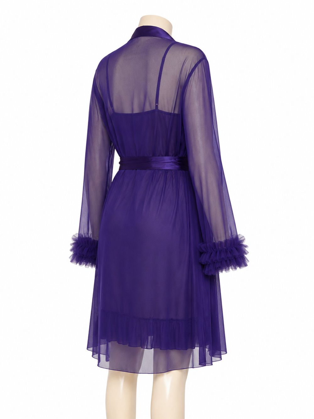 Purple sheer robe and matching lace bralette, displayed on a mannequin back view.