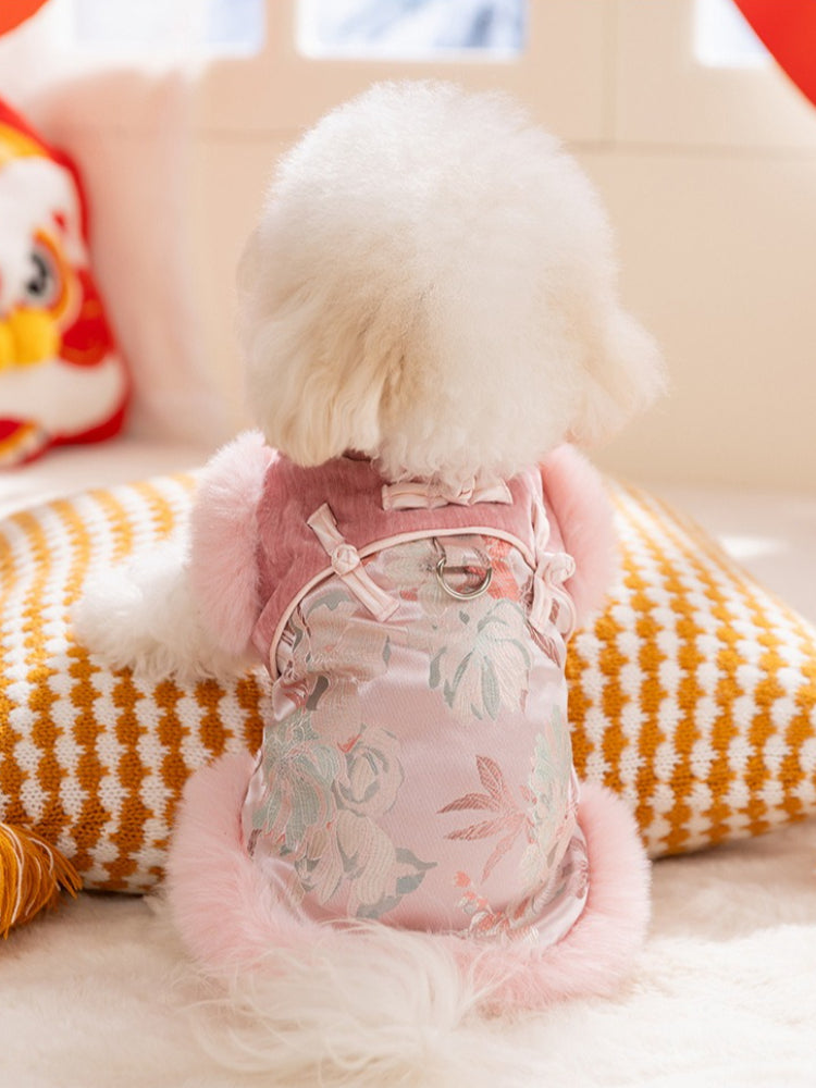Back view of a white fluffy dog wearing a pink and green traditional Chinese-style coat with floral embroidery