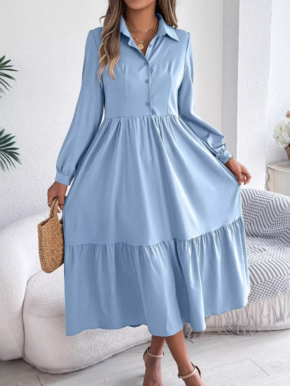 Navy Blue Ruffled Tiered Shirt Dress - View 11 | TEVQA