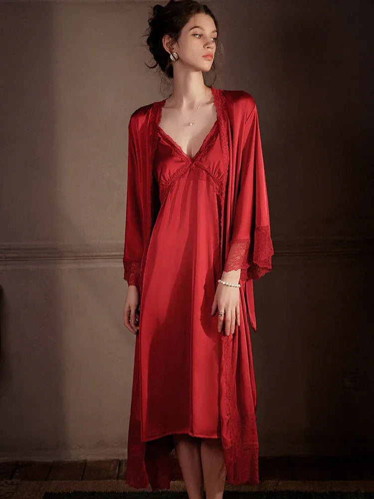 Satin Lace Nightgown and Robe Set - View 11 | TEVQA