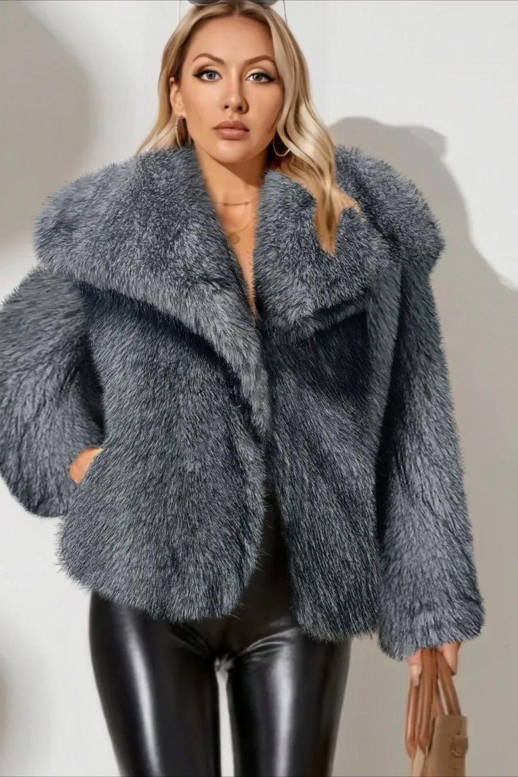 Luxe Sage Grey Faux Fox Fur Coat - TEVQA
