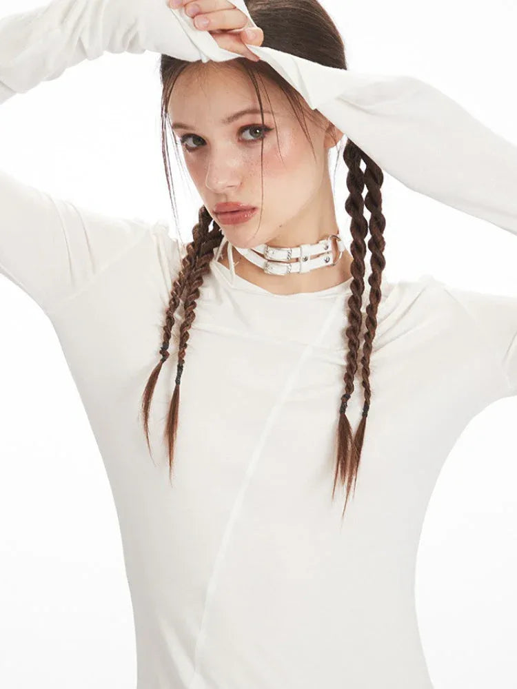 White Irregular Exposed Seam Long Sleeve Top - TEVQA