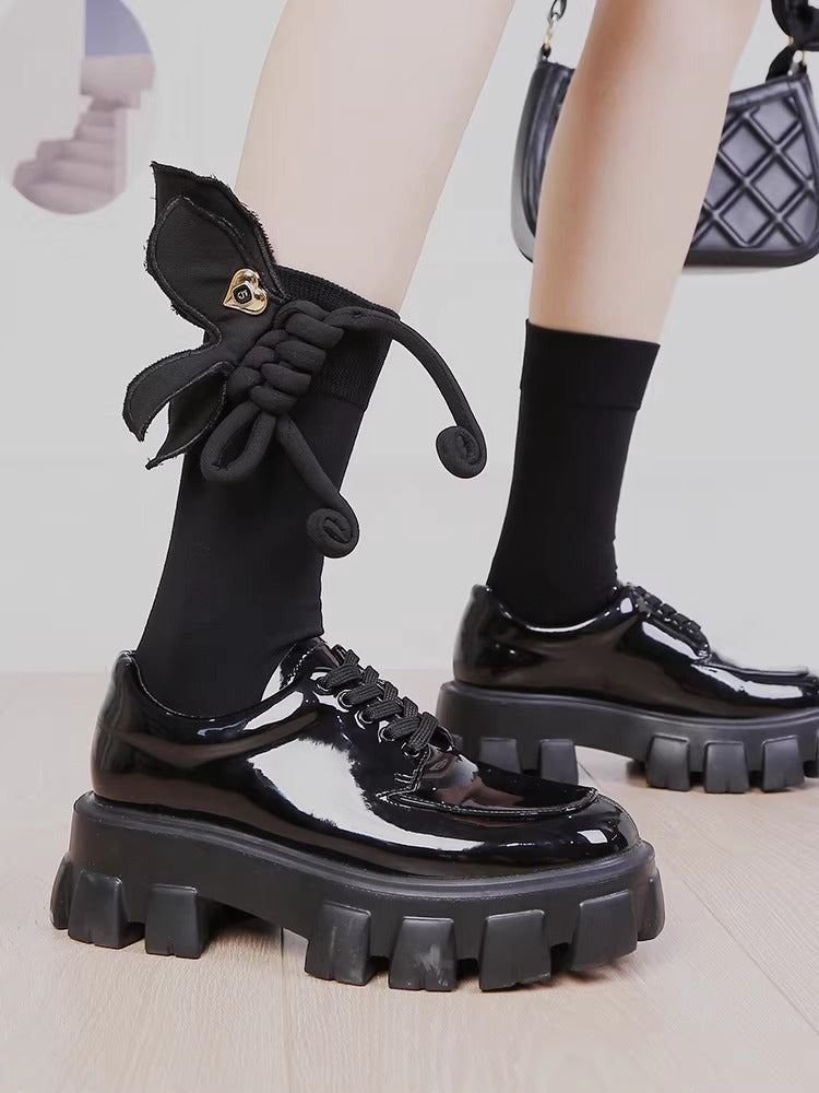 3D Rope Bow Black Socks Heart Charm Dark Academia
