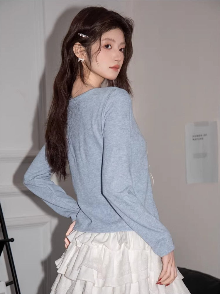 Long Sleeve Knit Top with Lace Trim and Bow Detail - View 6 | TEVQA