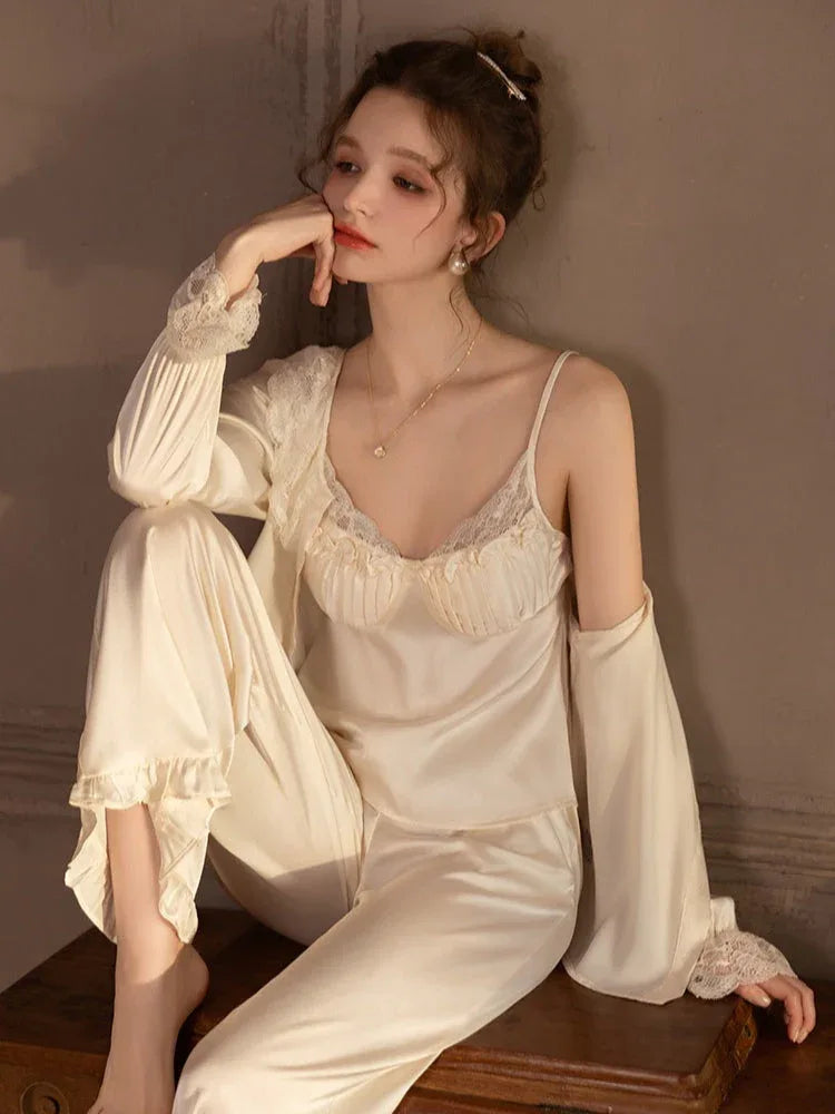 Lace Trim Satin 3-Piece Pajama Set - TEVQA