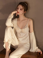 Lace Trim Satin 3-Piece Pajama Set - TEVQA