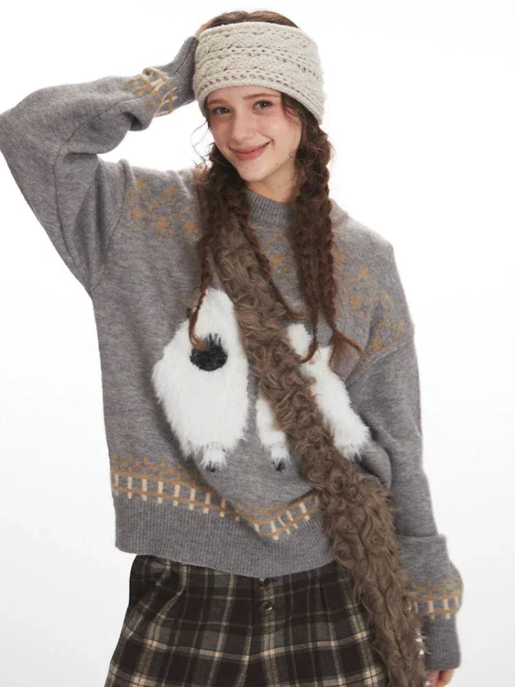 Whimsical Fluffy Yak Graphic Sweater - TEVQA