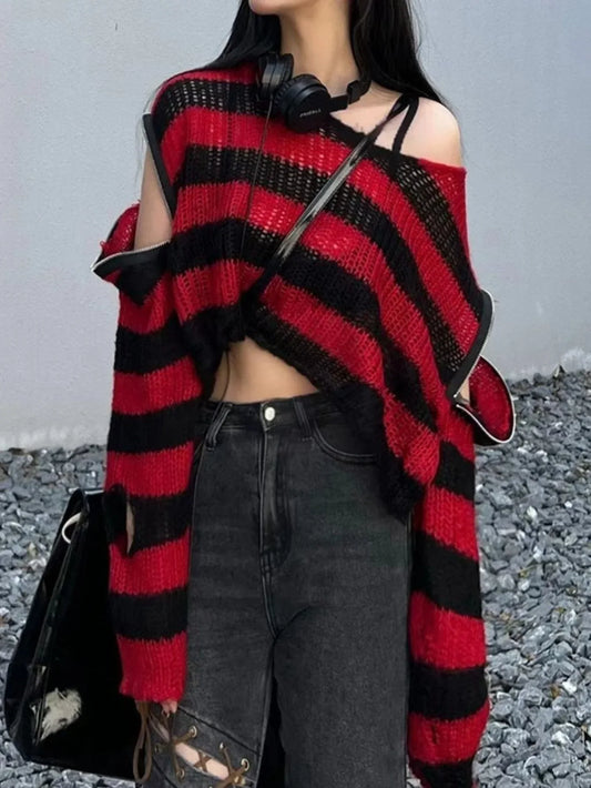 Y2K Grunge Striped Crop Sweater - TEVQA