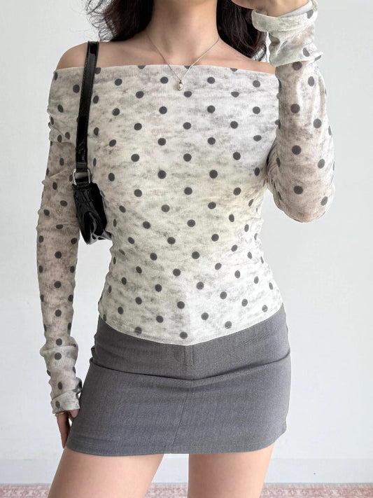 French Polka Dot Off-The-Shoulder Long Sleeve Top