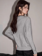 Grey mock two-piece knit cardigan with V-neckline and embroidered detail - View 6 | TEVQA
