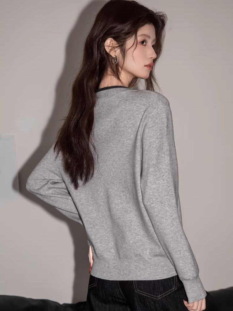 Grey mock two-piece knit cardigan with V-neckline and embroidered detail - View 6 | TEVQA