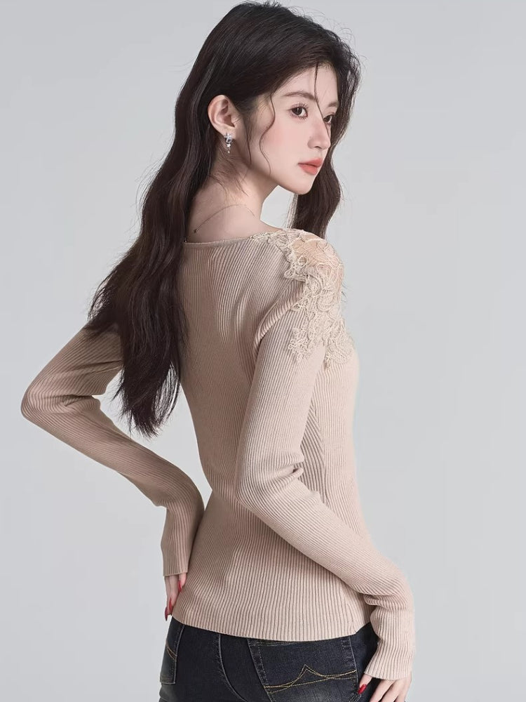 Ribbed Knit Cardigan with Lace Trim - View 6 | TEVQA