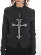 Y2K Grunge Cross Zip Up Knit Cardigan - TEVQA
