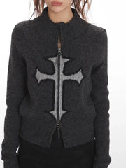 Y2K Grunge Cross Zip Up Knit Cardigan - TEVQA