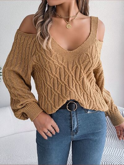 Elegant Ivory Cold Shoulder Cable Knit Sweater