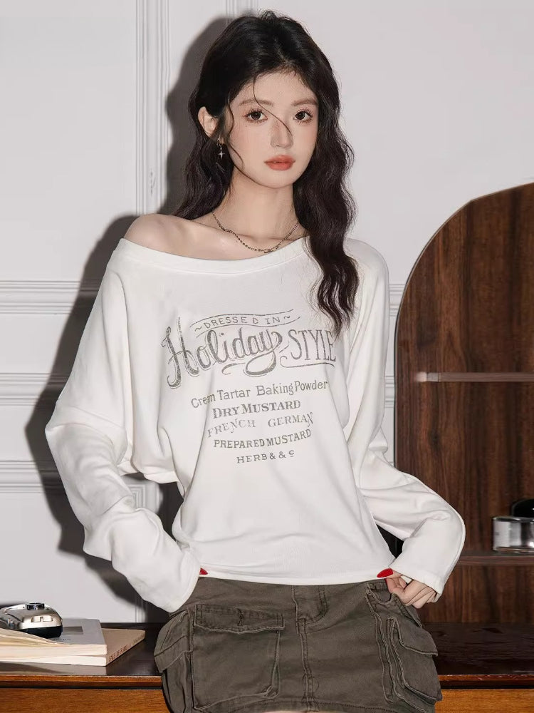 Retro Holiday Graphic Boat Neck Long Sleeve Tee in Dark Brown - View 6 | TEVQA