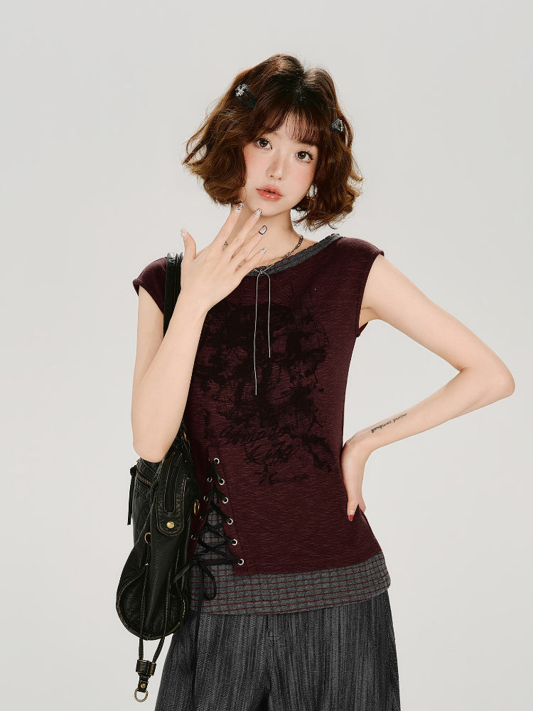 Vintage Grunge Faux Two-Piece Lace-Up Tank Top Burgundy