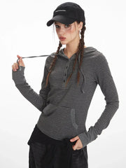 Y2K Grunge Striped Hooded Henley Top - TEVQA