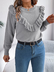 Elegant Gray Ruffle Trim Knit Sweater