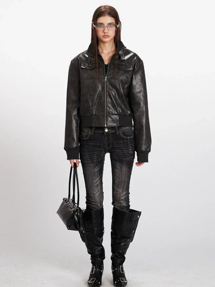 Vintage Wash Faux Leather Bomber Jacket - TEVQA Main image