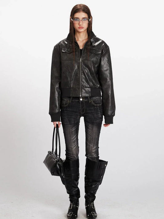 Vintage Wash Faux Leather Bomber Jacket - TEVQA