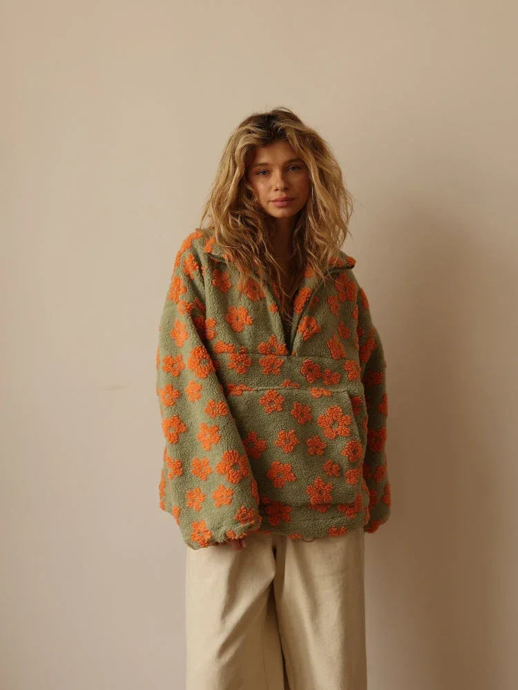 Vintage Floral Sherpa Fleece Pullover - View 9 | TEVQA