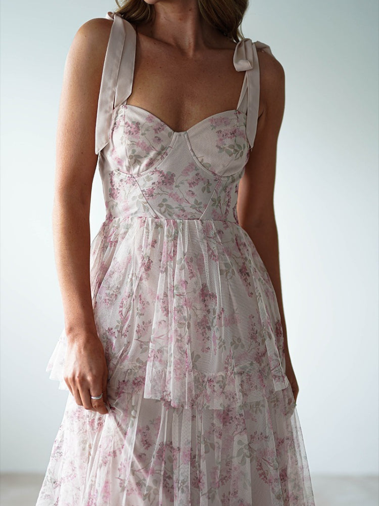 Tiered Floral Bow Shoulder Maxi Dress - Pink