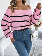 White Striped Off-Shoulder Knit Sweater - TEVQA