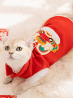 Close-up of a cat wearing a red Chinese-style vest with a festive design.