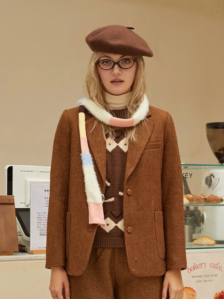 Woman wearing a brown tweed blazer, argyle knit sweater, fuzzy striped scarf, beret, and matching trousers.