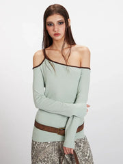 Acubi Y2K Soft Sage Asymmetrical Off-Shoulder Top - TEVQA