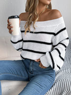 White Striped Off-Shoulder Knit Sweater - TEVQA