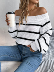 White Striped Off-Shoulder Knit Sweater