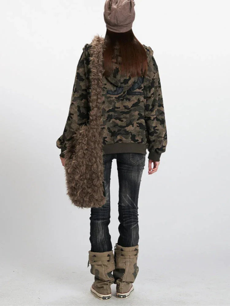 Y2K Vintage Aesthetic Camo Zip-Up Hoodie - TEVQA Secondary image