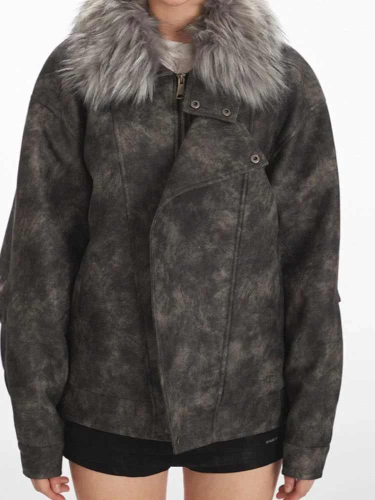 Vintage Distressed Faux Suede Biker Jacket - TEVQA