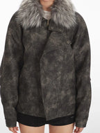 Vintage Distressed Faux Suede Biker Jacket - TEVQA