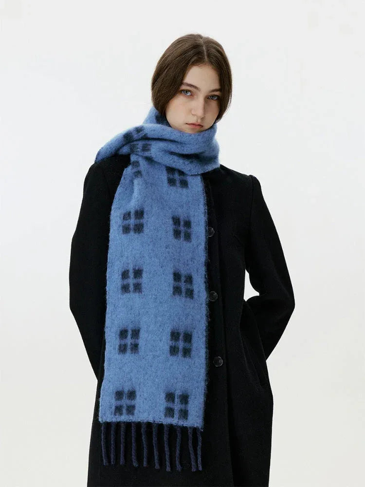 Vintage Windowpane Check Wool Blend Scarf - TEVQA