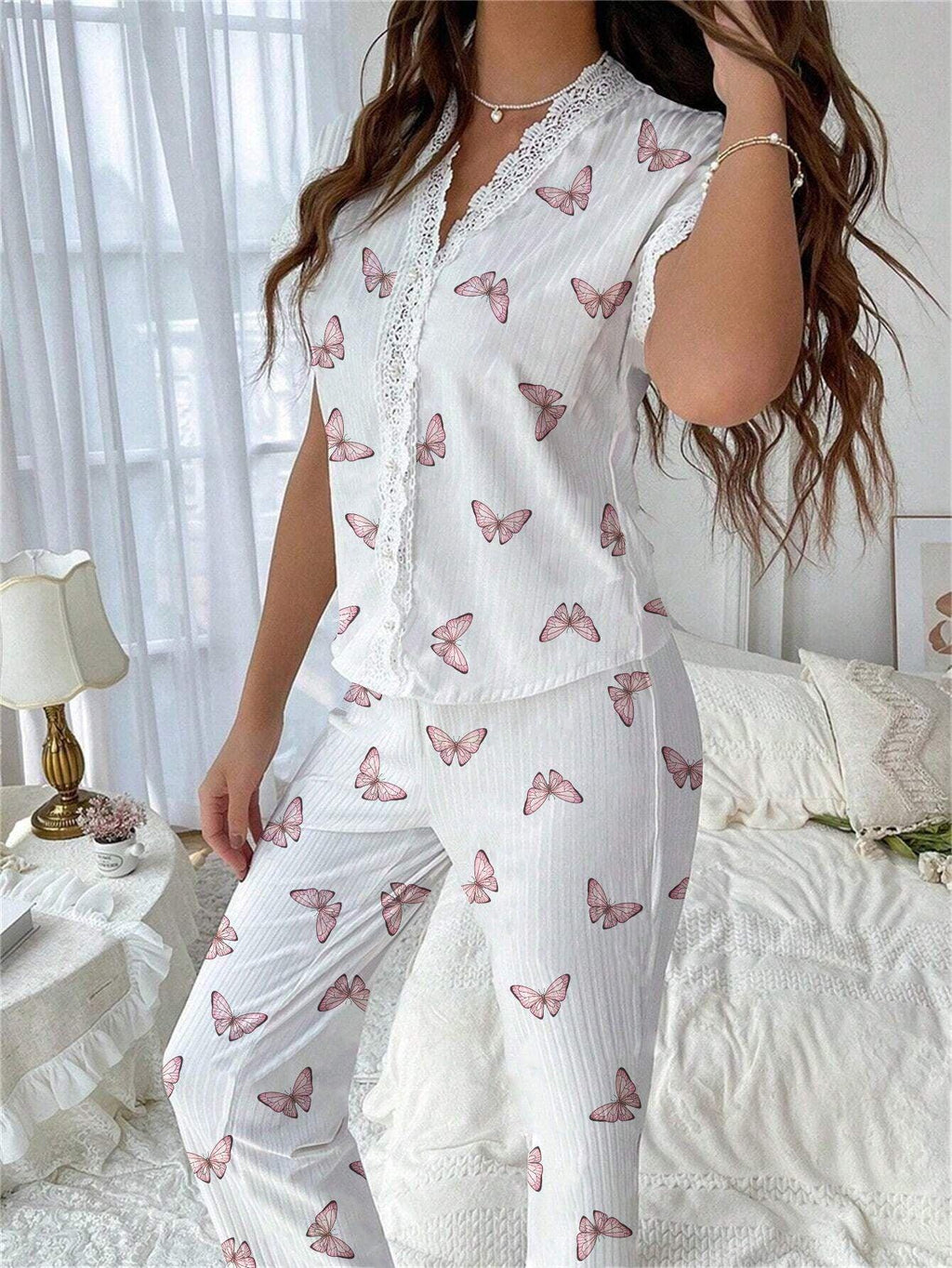 Cherry print ribbed pajama set with lace trim - View 14 | TEVQA